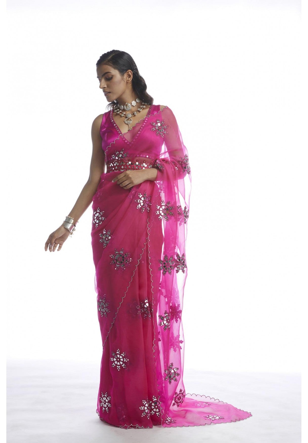 Peacock Pink Mirror Cut-Work Saree