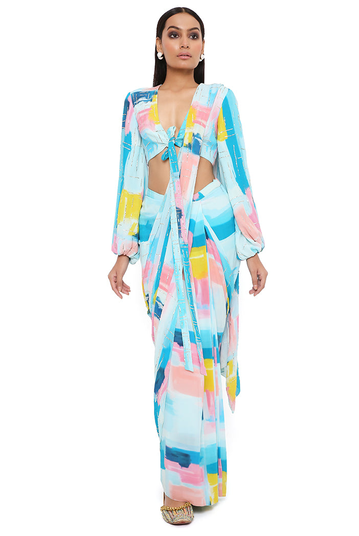 NAISHA BLUE PAINTERLY PRINT GEORGETTE EMBROIDERED FRONT TIE-UP CHOLI AND PRE-STITCHED SAREE WITH EMBROIDERED PALLU