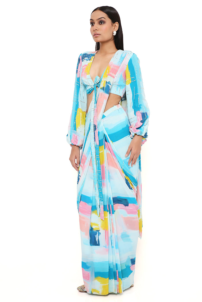 NAISHA BLUE PAINTERLY PRINT GEORGETTE EMBROIDERED FRONT TIE-UP CHOLI AND PRE-STITCHED SAREE WITH EMBROIDERED PALLU