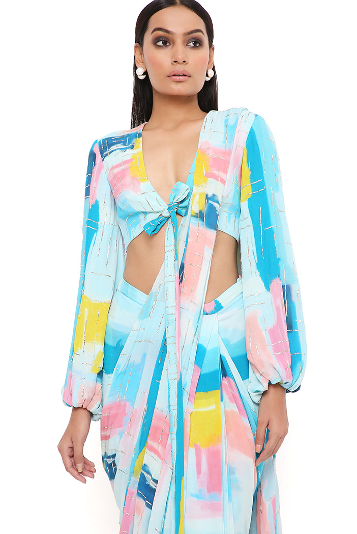 NAISHA BLUE PAINTERLY PRINT GEORGETTE EMBROIDERED FRONT TIE-UP CHOLI AND PRE-STITCHED SAREE WITH EMBROIDERED PALLU