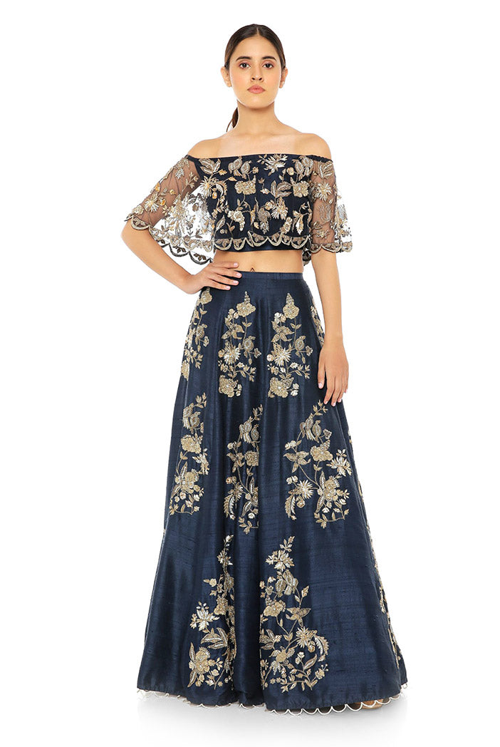 NAVY OFF SHOULDER RUFFLE LEHENGA