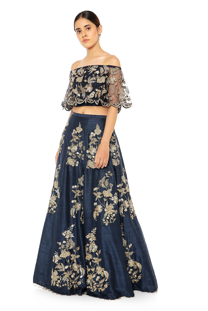 NAVY OFF SHOULDER RUFFLE LEHENGA