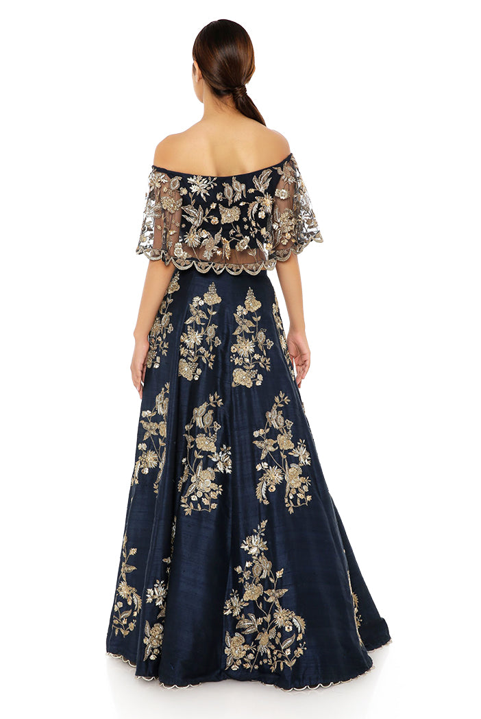 NAVY OFF SHOULDER RUFFLE LEHENGA