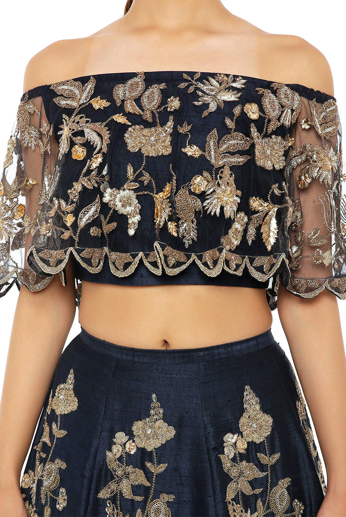 NAVY OFF SHOULDER RUFFLE LEHENGA