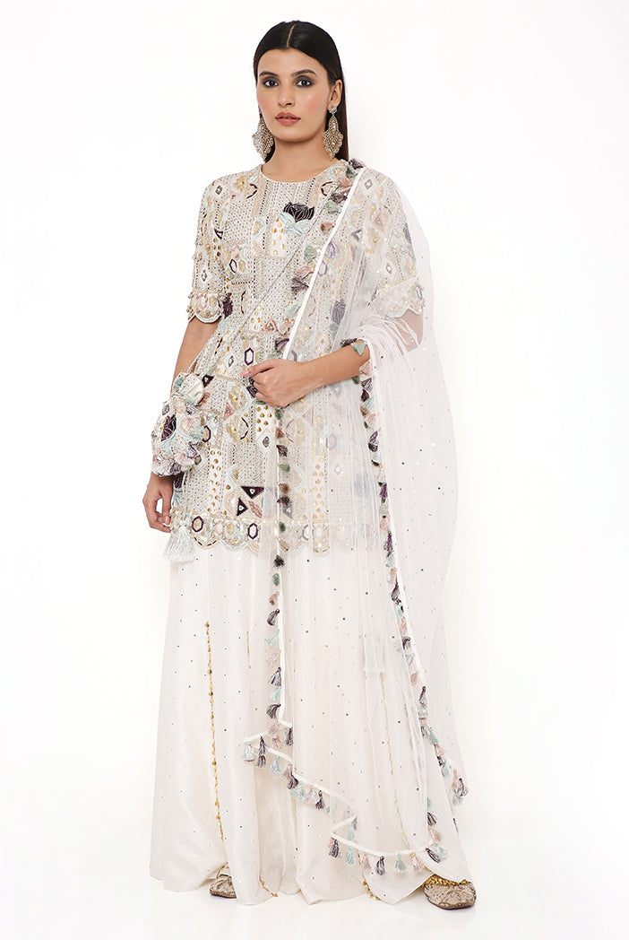 NAVYA OFF WHITE GEORGETTE EMBROIDERED KURTA AND ABLA SILK SHARARA WITH NET MUKAISH DUPATTA