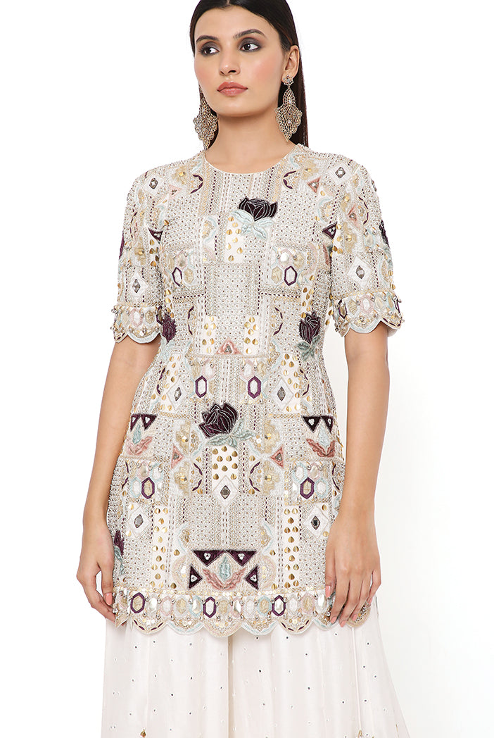 NAVYA OFF WHITE GEORGETTE EMBROIDERED KURTA AND ABLA SILK SHARARA WITH NET MUKAISH DUPATTA