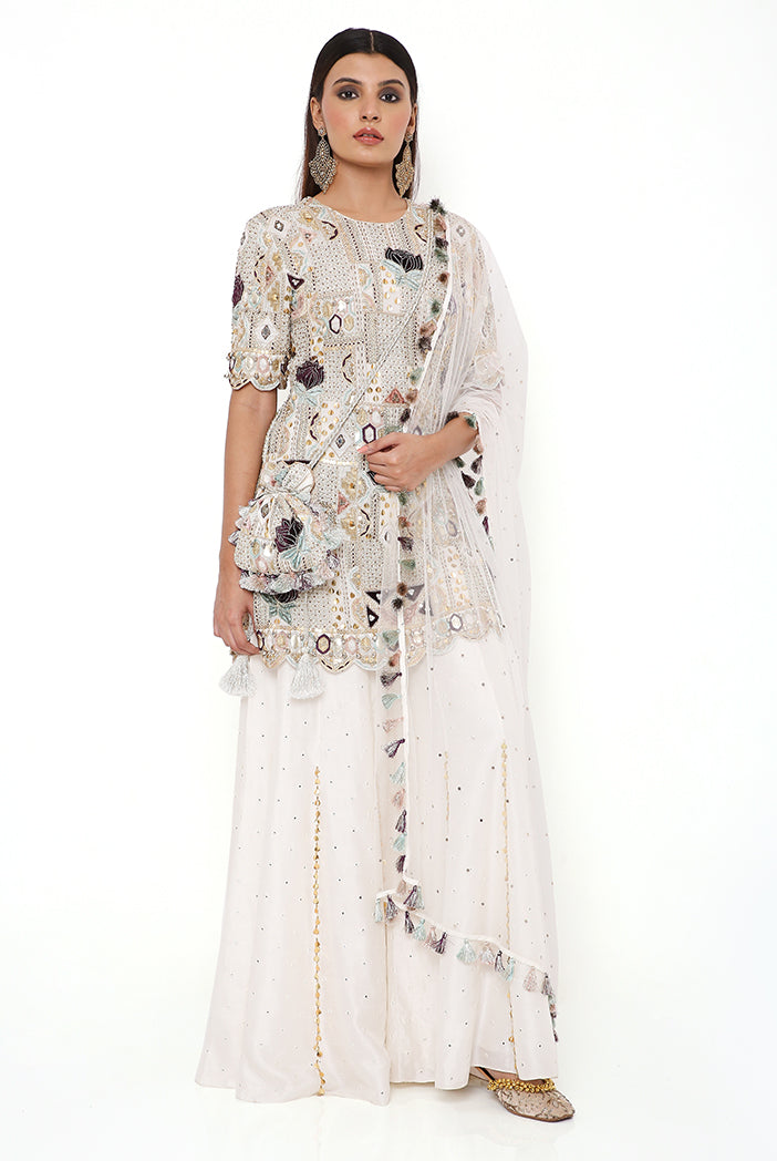 NAVYA OFF WHITE GEORGETTE EMBROIDERED KURTA AND ABLA SILK SHARARA WITH NET MUKAISH DUPATTA