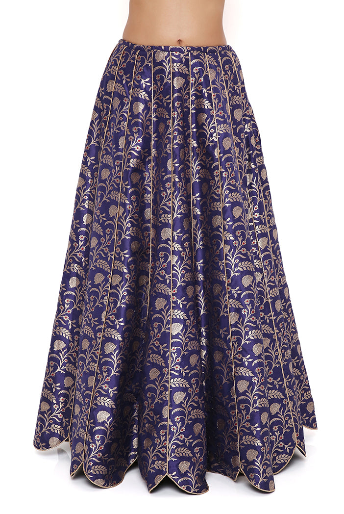 NINA NAVY DUPION SILK BROCADE EMBROIDERED BUSTIER WITH BROCADE LEHENGA AND MUKAISH NET DUPATTA