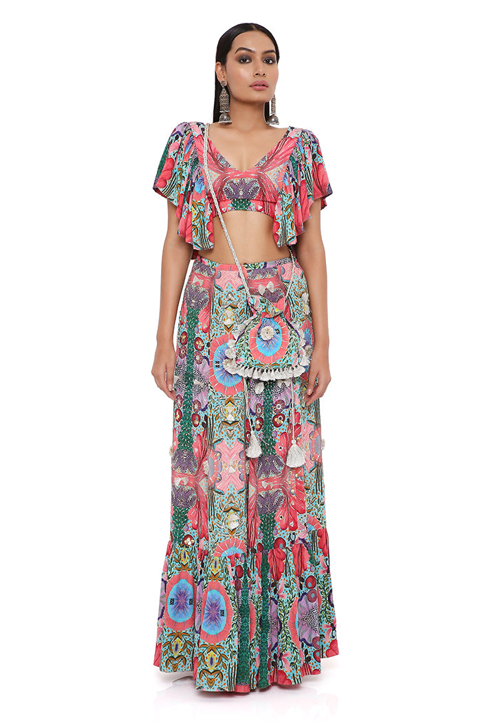 NOELLE RED ENCHANTED PRINT CREPE EMBROIDERED TOP WITH A FRILL SKIRT