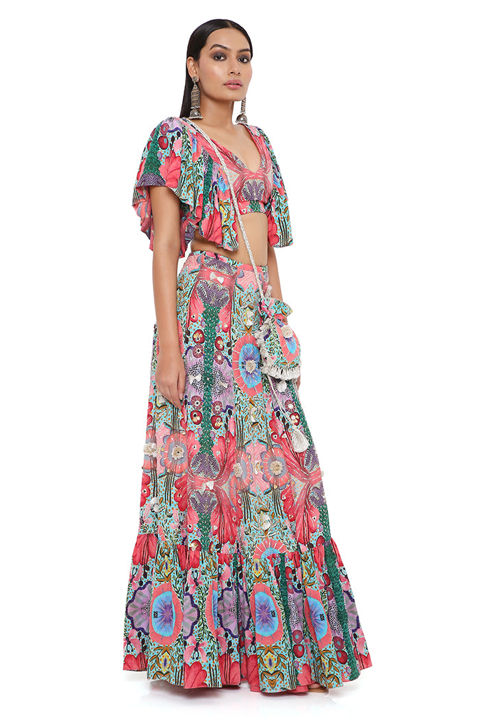 NOELLE RED ENCHANTED PRINT CREPE EMBROIDERED TOP WITH A FRILL SKIRT