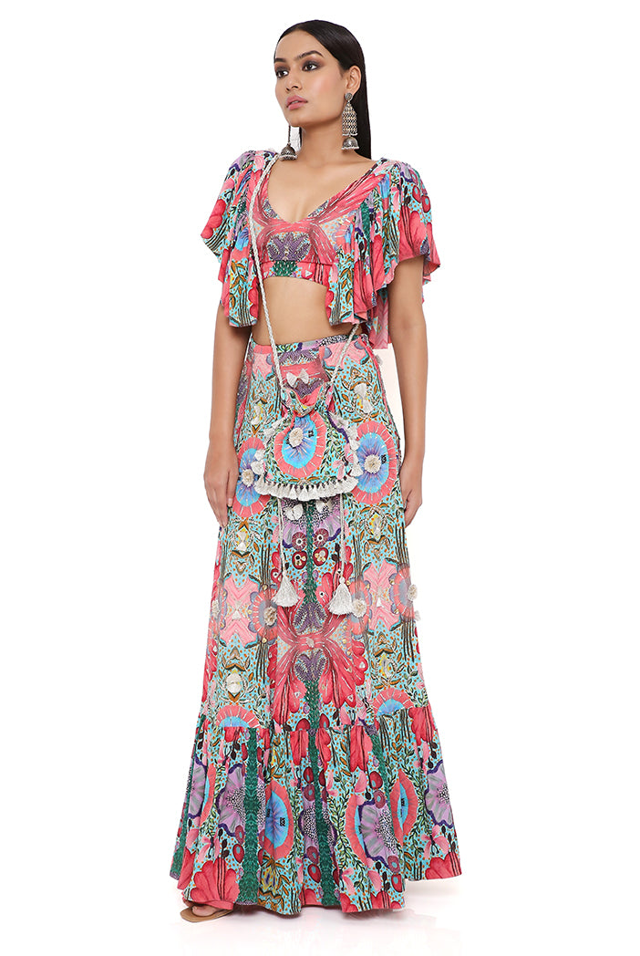 NOELLE RED ENCHANTED PRINT CREPE EMBROIDERED TOP WITH A FRILL SKIRT