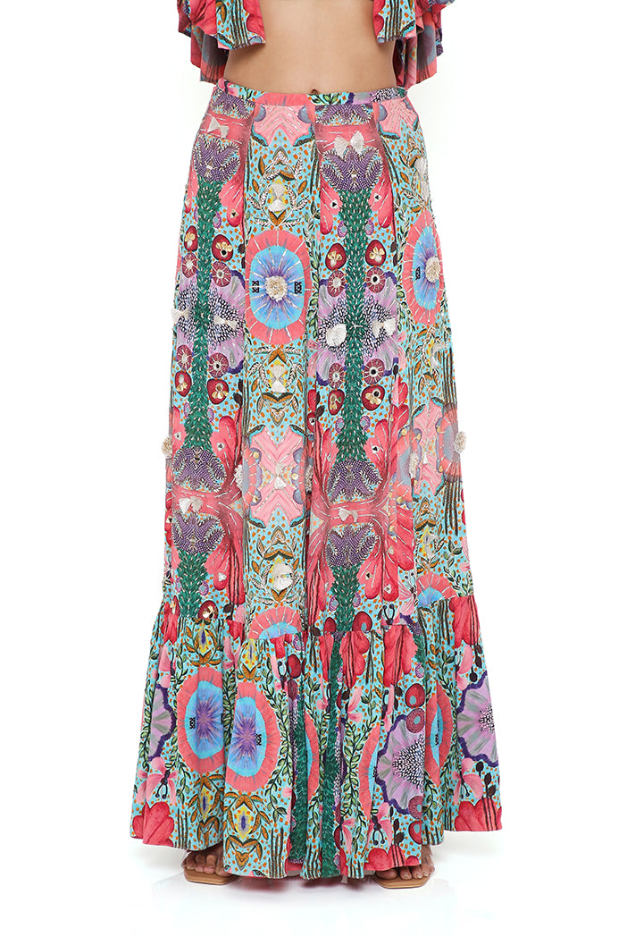 NOELLE RED ENCHANTED PRINT CREPE EMBROIDERED TOP WITH A FRILL SKIRT