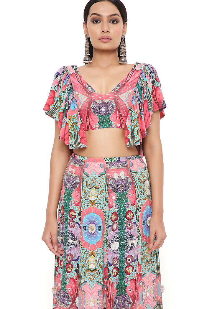 NOELLE RED ENCHANTED PRINT CREPE EMBROIDERED TOP WITH A FRILL SKIRT