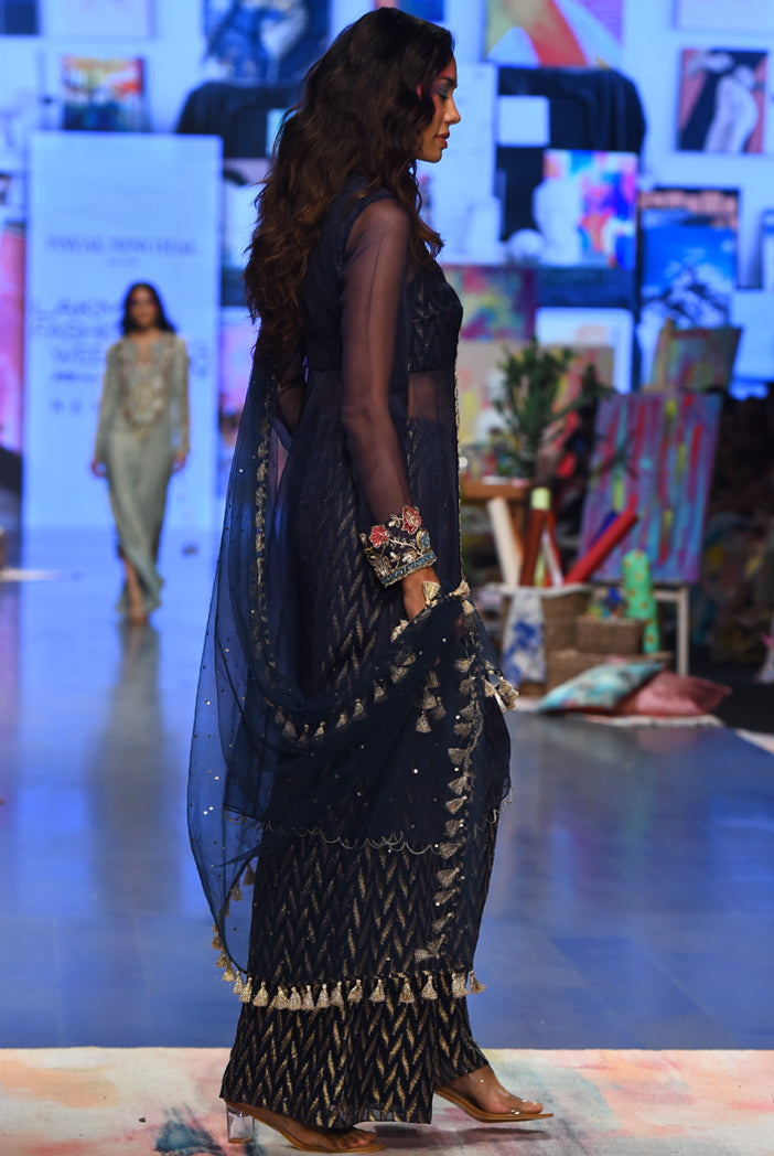 NOORA NAVY ORGANZA EMBROIDERED YOKE ANARKALI WITH BANARASI GEORGETTE PALAZZO AND DUPATTA