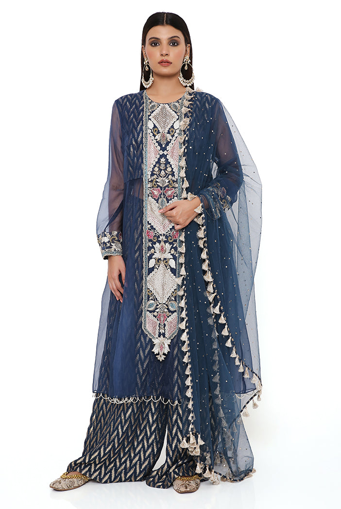 NOORA NAVY ORGANZA EMBROIDERED YOKE ANARKALI WITH BANARASI GEORGETTE PALAZZO AND DUPATTA
