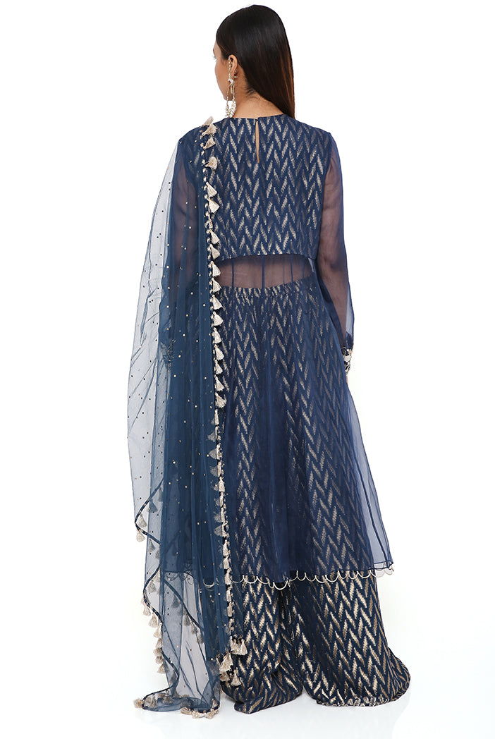 NOORA NAVY ORGANZA EMBROIDERED YOKE ANARKALI WITH BANARASI GEORGETTE PALAZZO AND DUPATTA