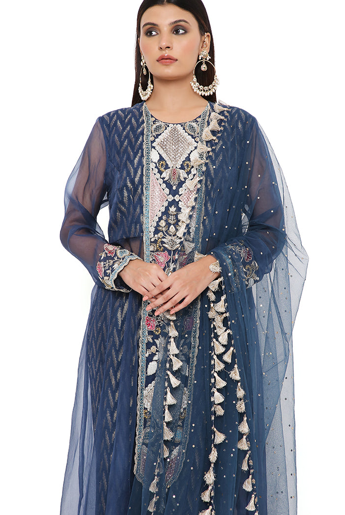 NOORA NAVY ORGANZA EMBROIDERED YOKE ANARKALI WITH BANARASI GEORGETTE PALAZZO AND DUPATTA