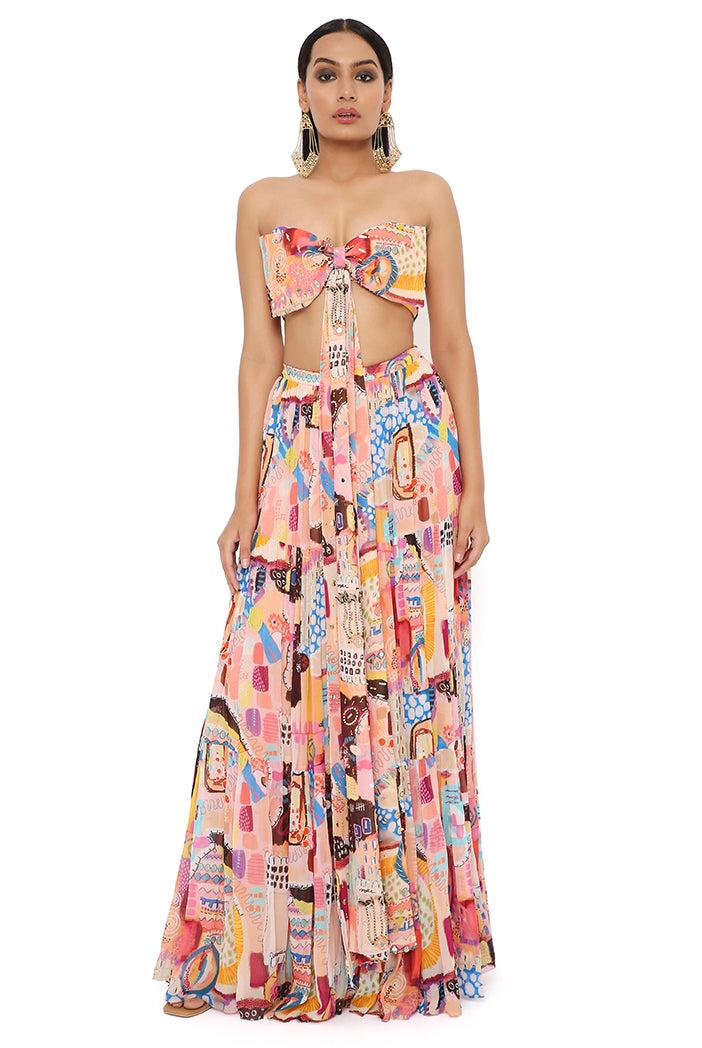 NORA TRANCE PRINT ART GEORGETTE BUSTIER WITH EMBROIDERD BOW AND SKIRT