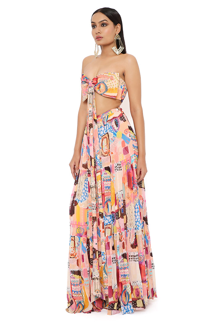 NORA TRANCE PRINT ART GEORGETTE BUSTIER WITH EMBROIDERD BOW AND SKIRT