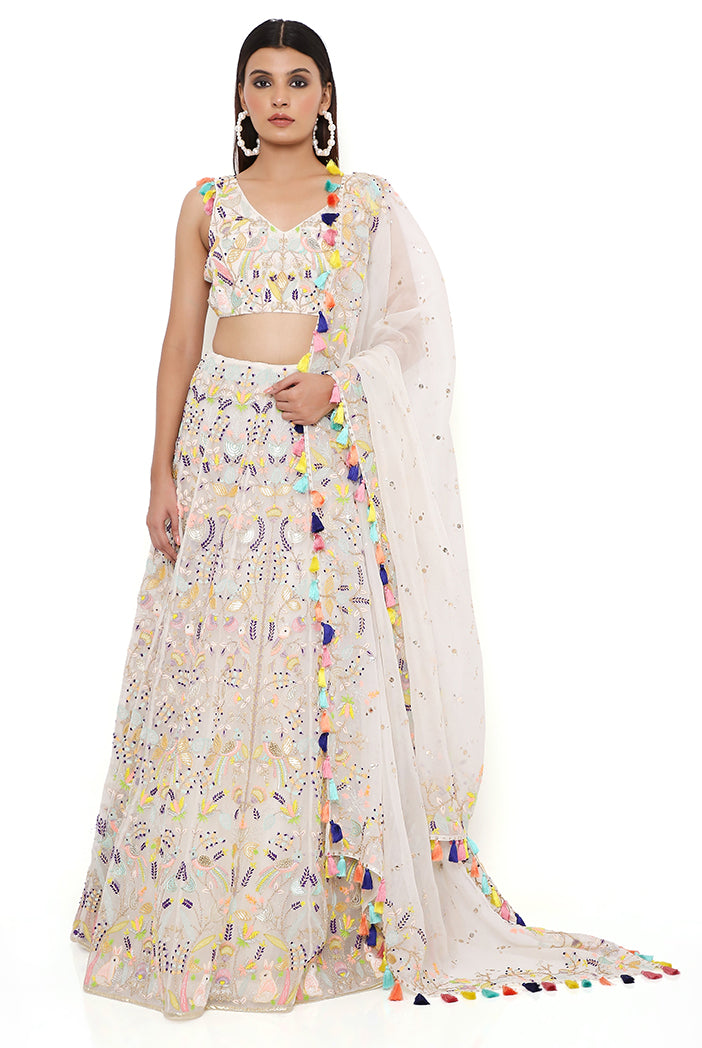 OFF WHITE ORGANZA EMBROIDERED CHOLI AND LEHENGA WITH MUKAISH ORGANZA DUPATTA