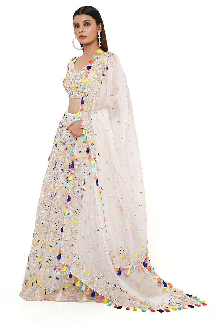 OFF WHITE ORGANZA EMBROIDERED CHOLI AND LEHENGA WITH MUKAISH ORGANZA DUPATTA