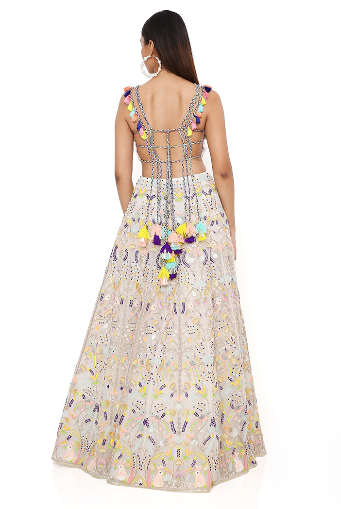 OFF WHITE ORGANZA EMBROIDERED CHOLI AND LEHENGA WITH MUKAISH ORGANZA DUPATTA