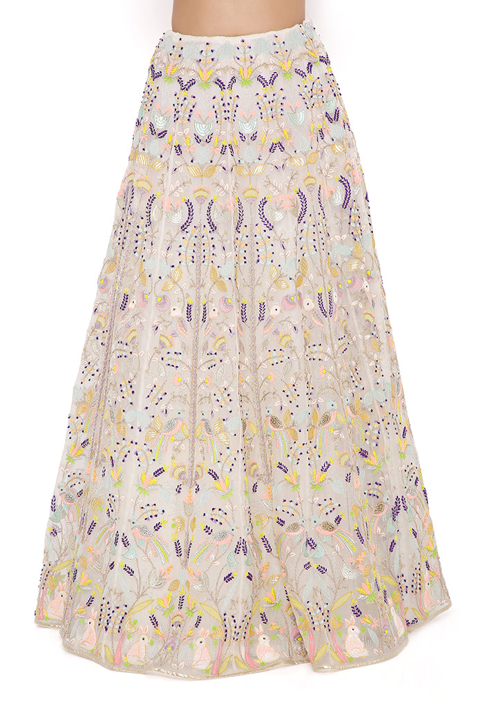 OFF WHITE ORGANZA EMBROIDERED CHOLI AND LEHENGA WITH MUKAISH ORGANZA DUPATTA