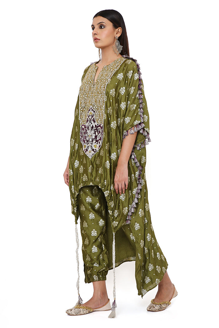 OLIVE BANARASI HIGH LOW KURTA WITH JOGGER PANTS