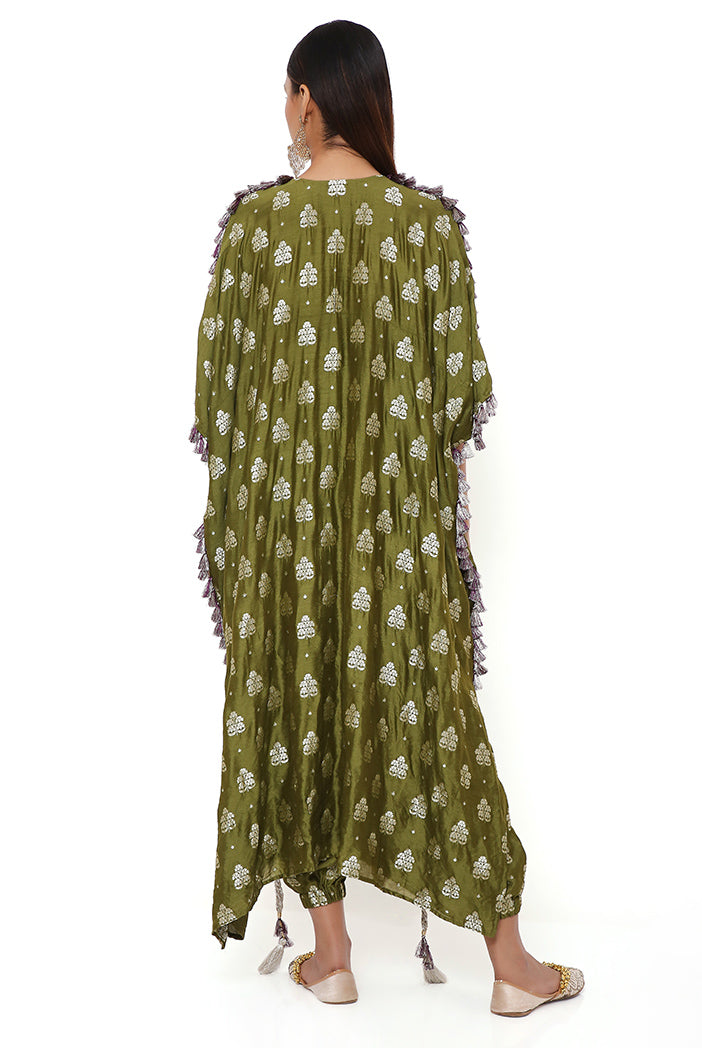 OLIVE BANARASI HIGH LOW KURTA WITH JOGGER PANTS