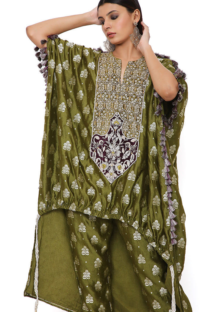OLIVE BANARASI HIGH LOW KURTA WITH JOGGER PANTS