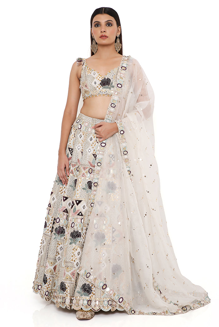 PADMA OFF WHITE GEORGETTE EMBROIDERED CHOLI AND LEHENGA WITH MUKAISH ORGANZA DUPATTA AND ROSE PINK EMBROIDERED TULLE VEIL