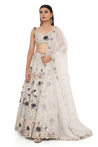 OFF WHITE APPLIQUE EMBROIDERED CHOLI AND LEHENGA WITH DUPATTA