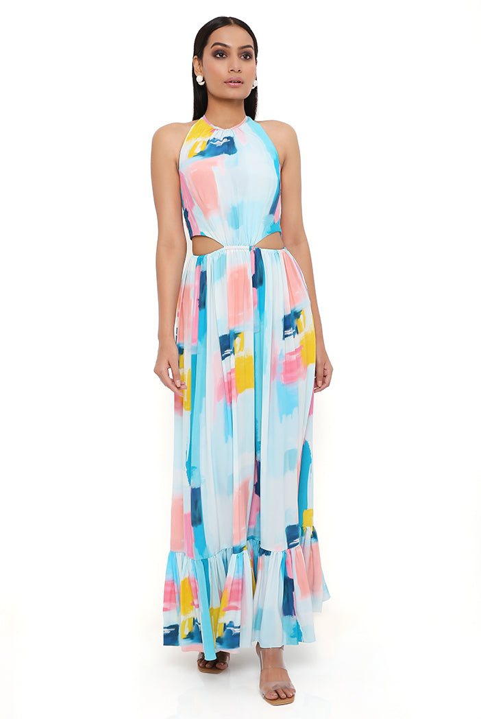 PAINTERLY PRINT CREPE CUT-OUT DRESS