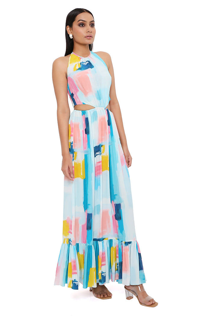 PAINTERLY PRINT CREPE CUT-OUT DRESS