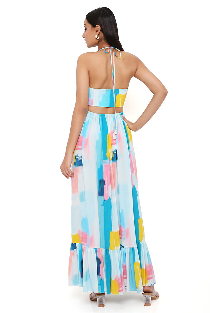 PAINTERLY PRINT CREPE CUT-OUT DRESS
