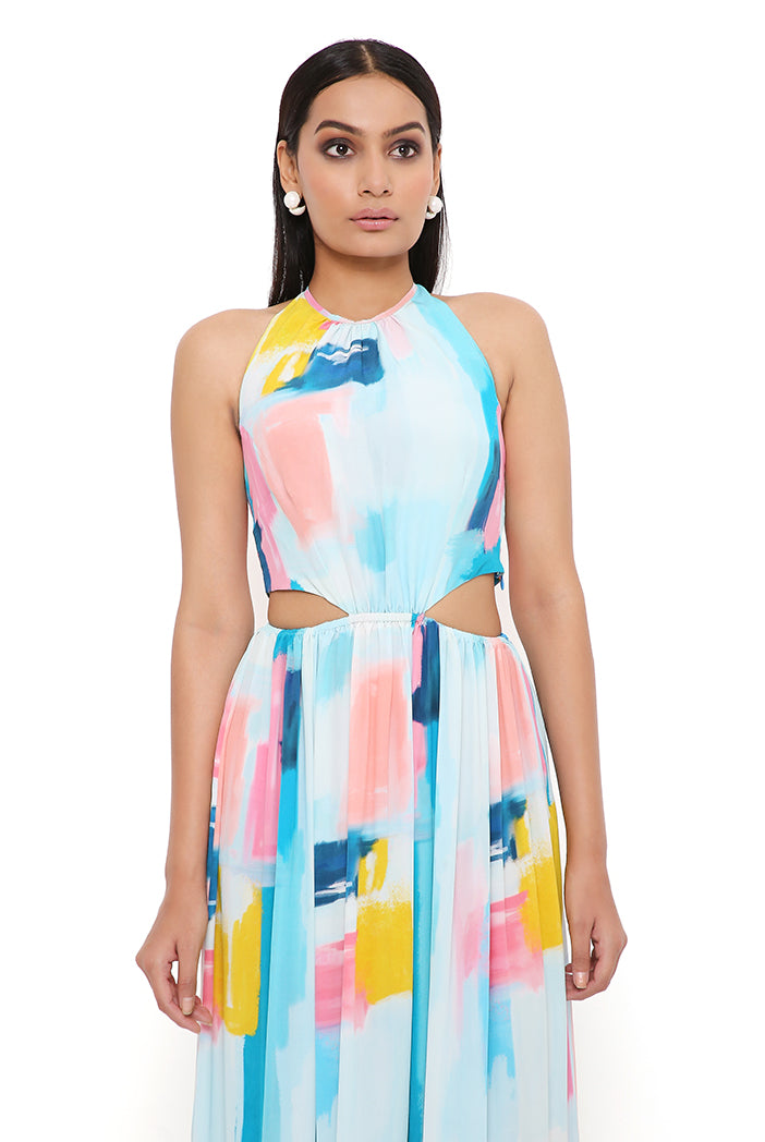 PAINTERLY PRINT CREPE CUT-OUT DRESS