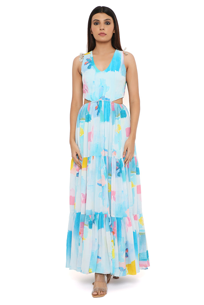 PAINTERLY PRINT CREPE CUT-OUT DRESS