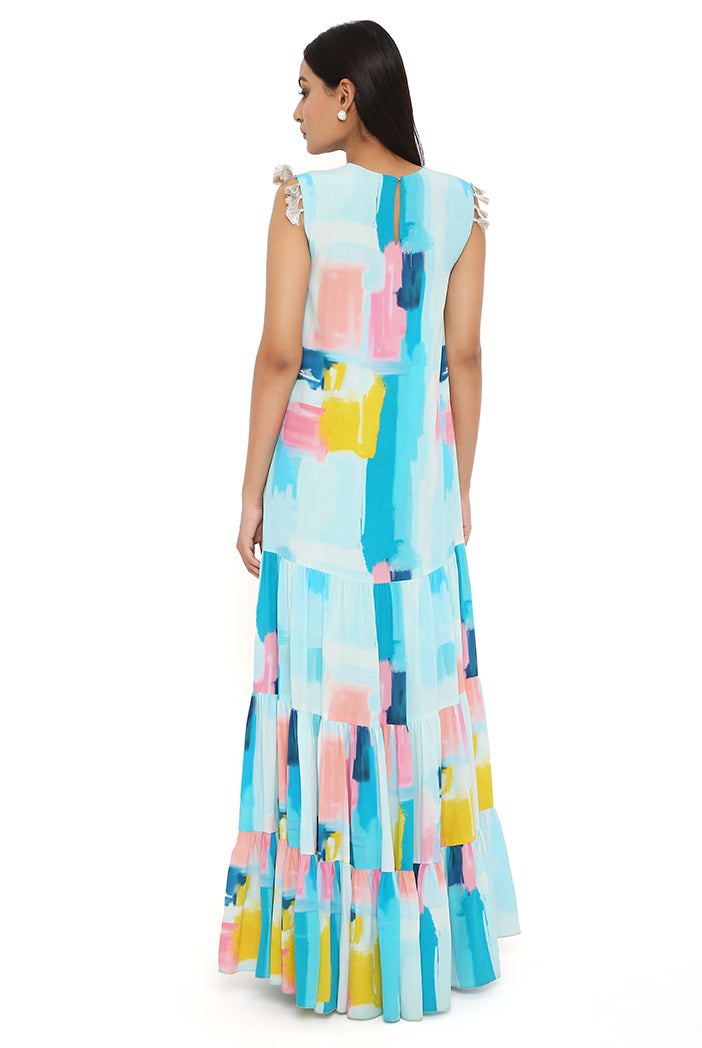 PAINTERLY PRINT CREPE FRILL DRESS