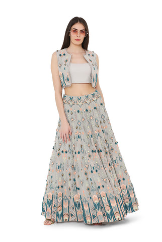 ARIKA OFF WHITE ORGANZA EMBROIDERED ONE SHOULDER TOP AND LEHENGA