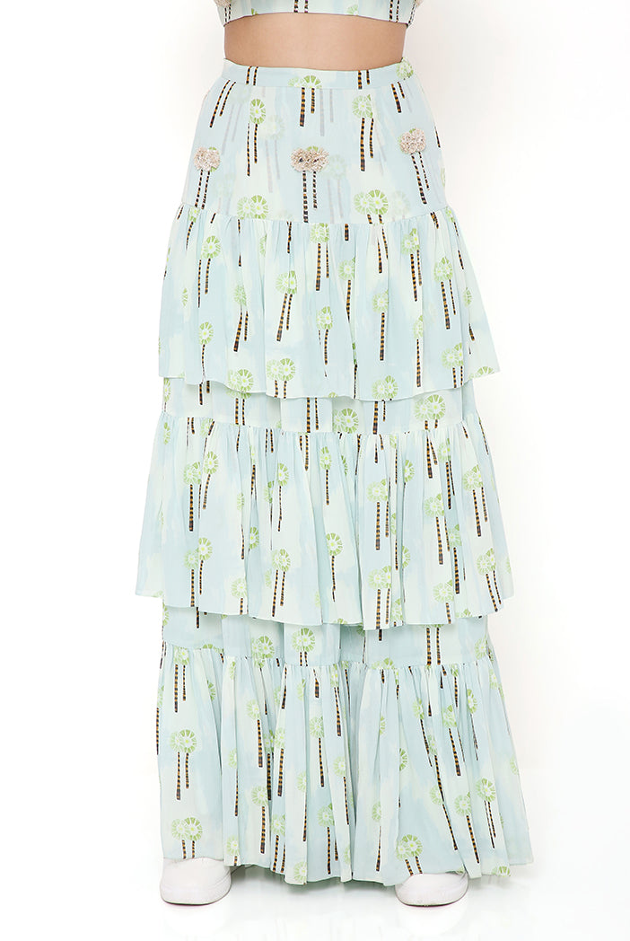 PALE BLUE SMALL PALM GEORGETTE PRINTED EMBROIDERED TOP WITH EMBROIDERED FRILL SKIRT