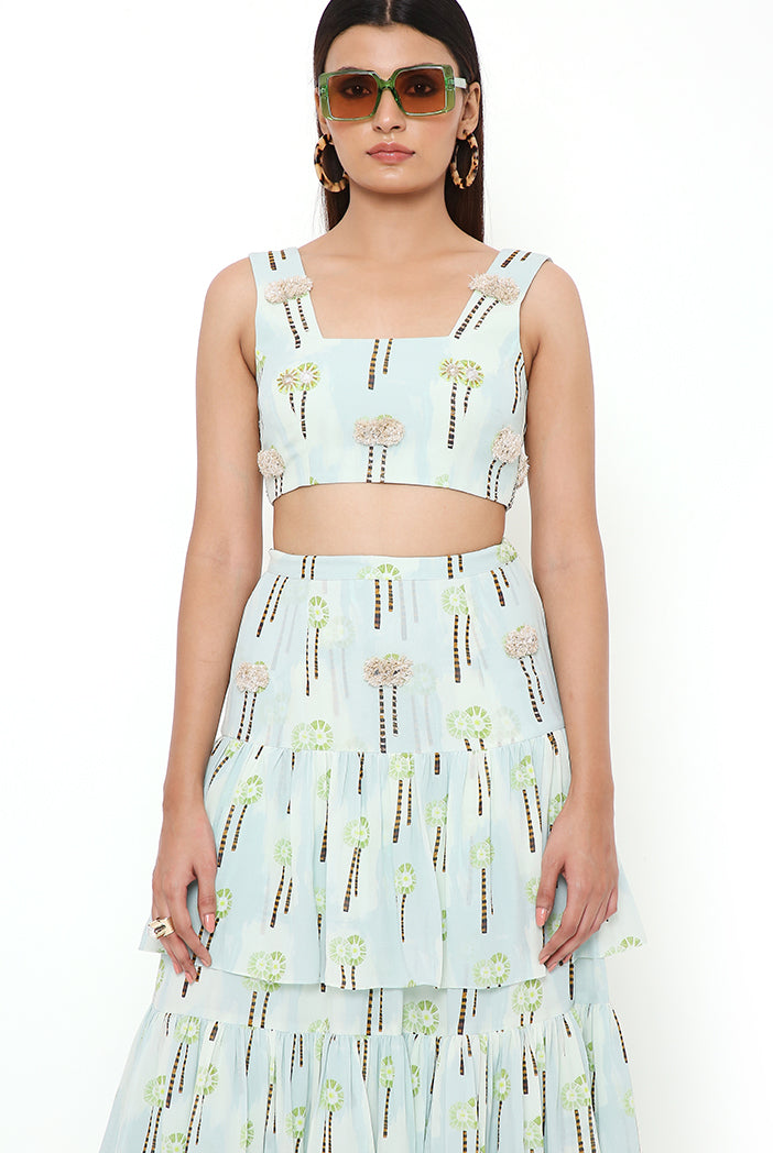 PALE BLUE SMALL PALM GEORGETTE PRINTED EMBROIDERED TOP WITH EMBROIDERED FRILL SKIRT