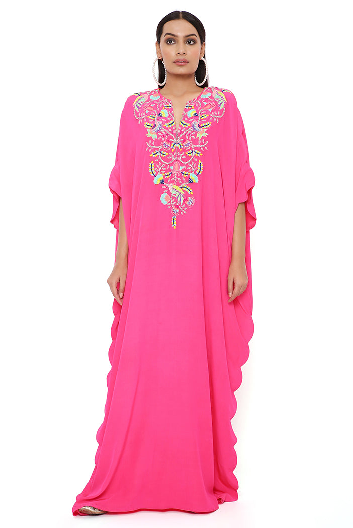 PINK CREPE EMBROIDERED SCALLOPED KAFTAN