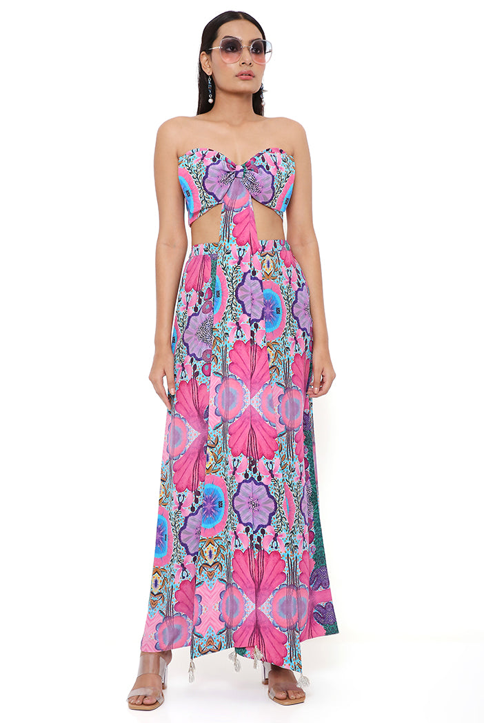 PINK ENCHANTED PRINT CREPE BOW TUBE AND PALAZZO PANT