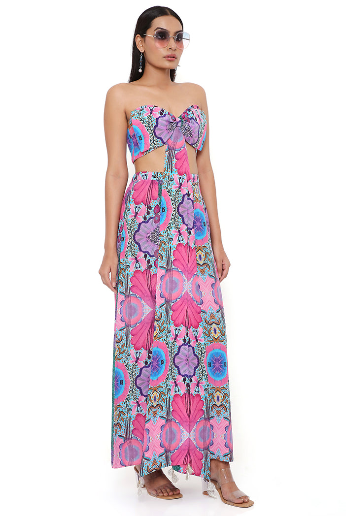 PINK ENCHANTED PRINT CREPE BOW TUBE AND PALAZZO PANT