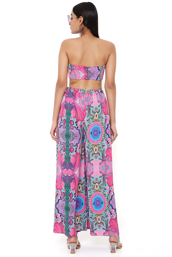 PINK ENCHANTED PRINT CREPE BOW TUBE AND PALAZZO PANT