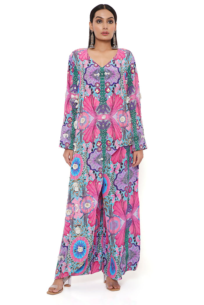 PINK ENCHANTED PRINT CREPE EMBROIDERED KURTA WITH CROPPED PALAZZO
