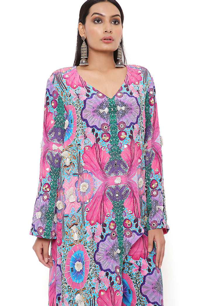 PINK ENCHANTED PRINT CREPE EMBROIDERED KURTA WITH CROPPED PALAZZO