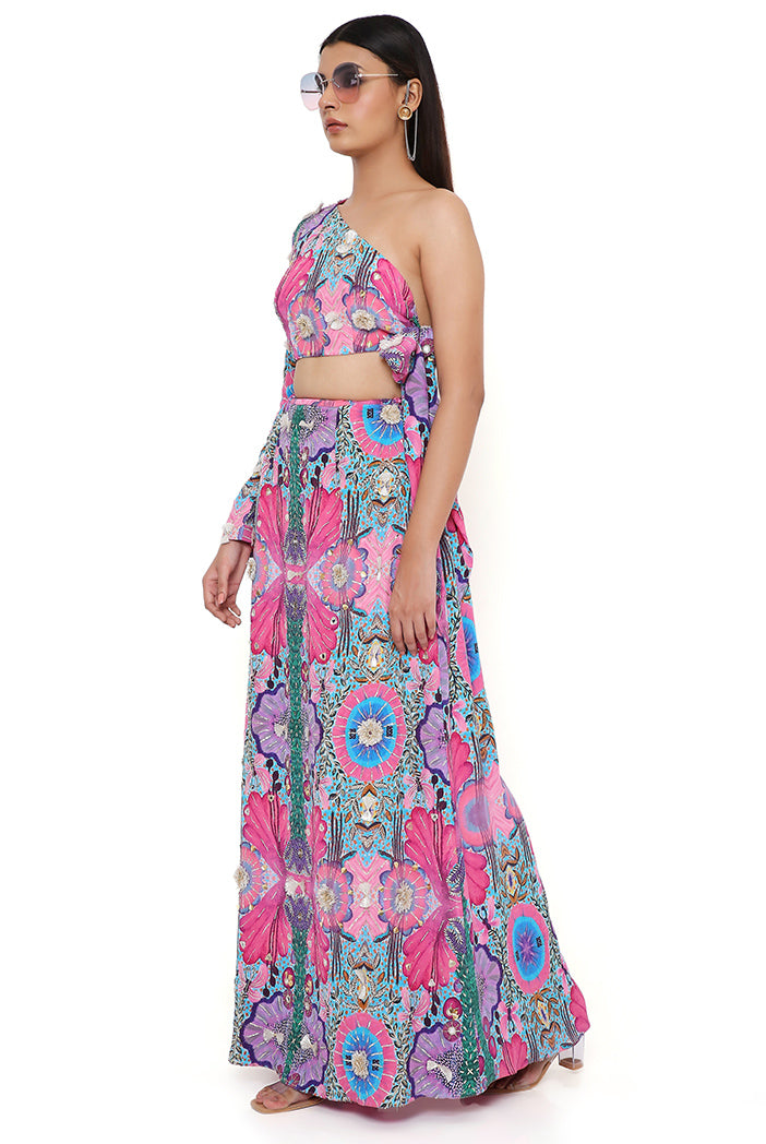 PINK ENCHANTED PRINT CREPE EMBROIDERED SIDE TIE-UP CHOLI WITH SKIRT