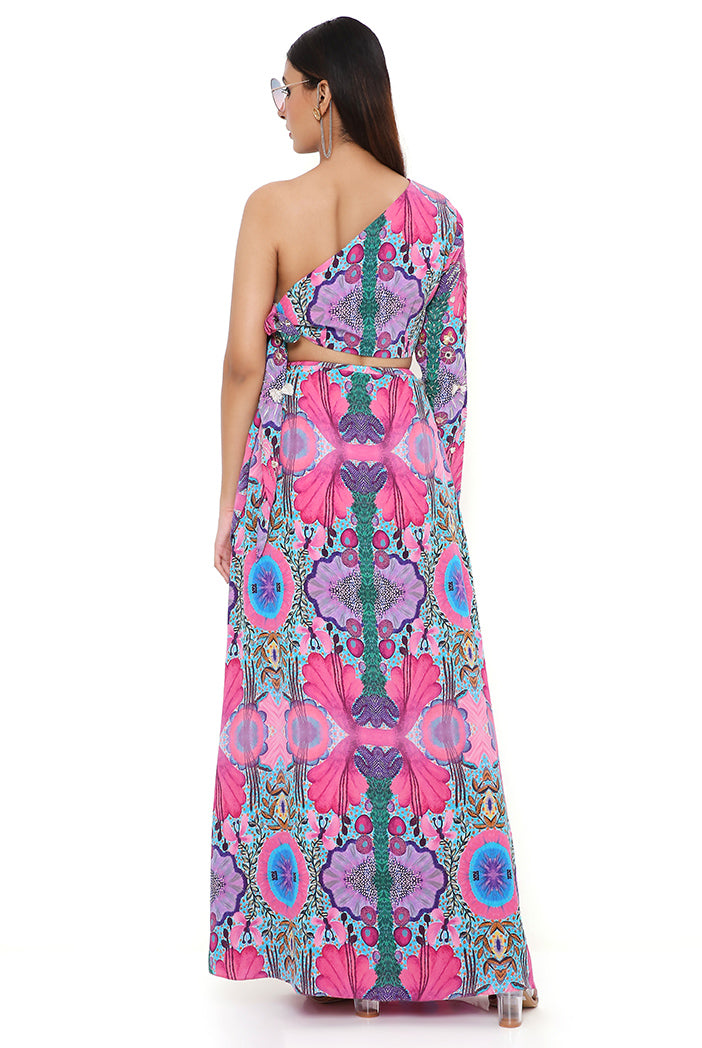 PINK ENCHANTED PRINT CREPE EMBROIDERED SIDE TIE-UP CHOLI WITH SKIRT