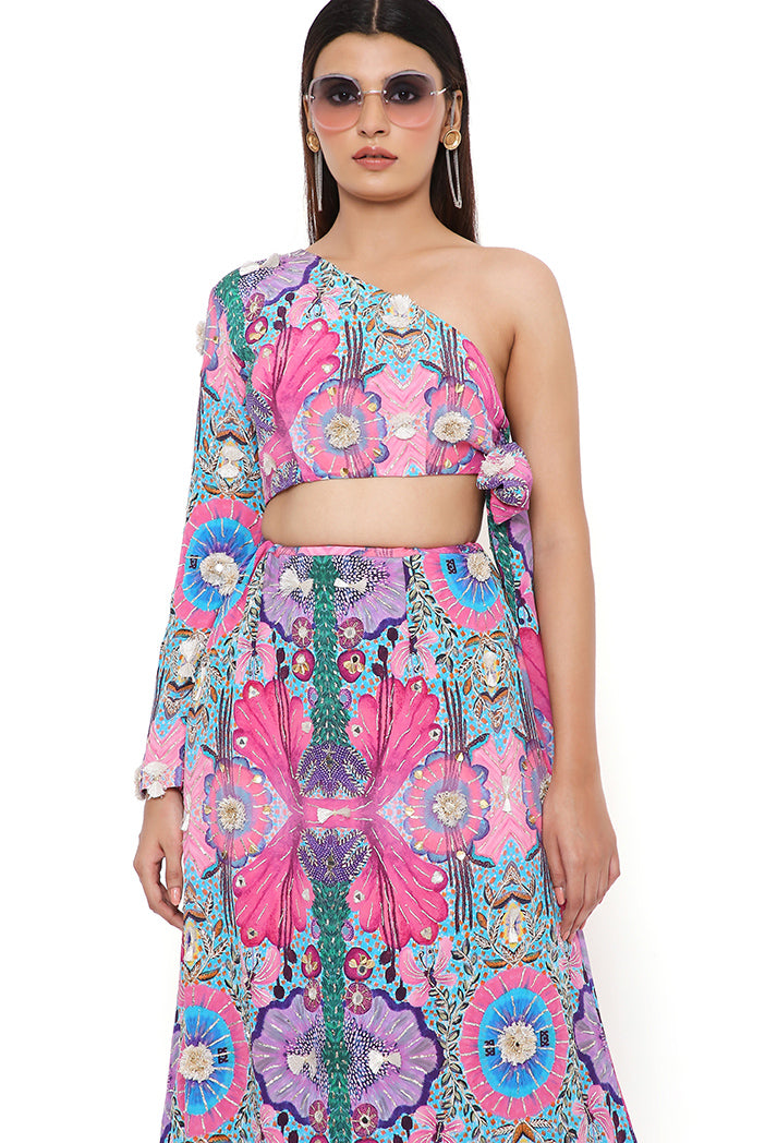 PINK ENCHANTED PRINT CREPE EMBROIDERED SIDE TIE-UP CHOLI WITH SKIRT